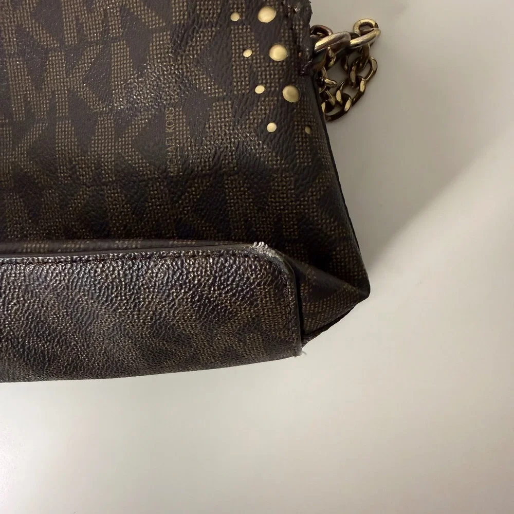 Michael Kors Signature Monogram Scallop Studded‎ Crossbody Bag Brown